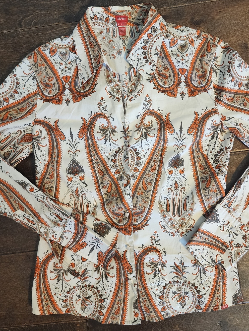 🐎Esprit VTG 90's WOMEN'S Orange and Gray Paisley Button-Down Shirt. SZ M✨️ Y2K